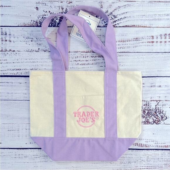 NWT! Trader Joes Purple & Cream Mini Tote Bag - Picture 2 of 7